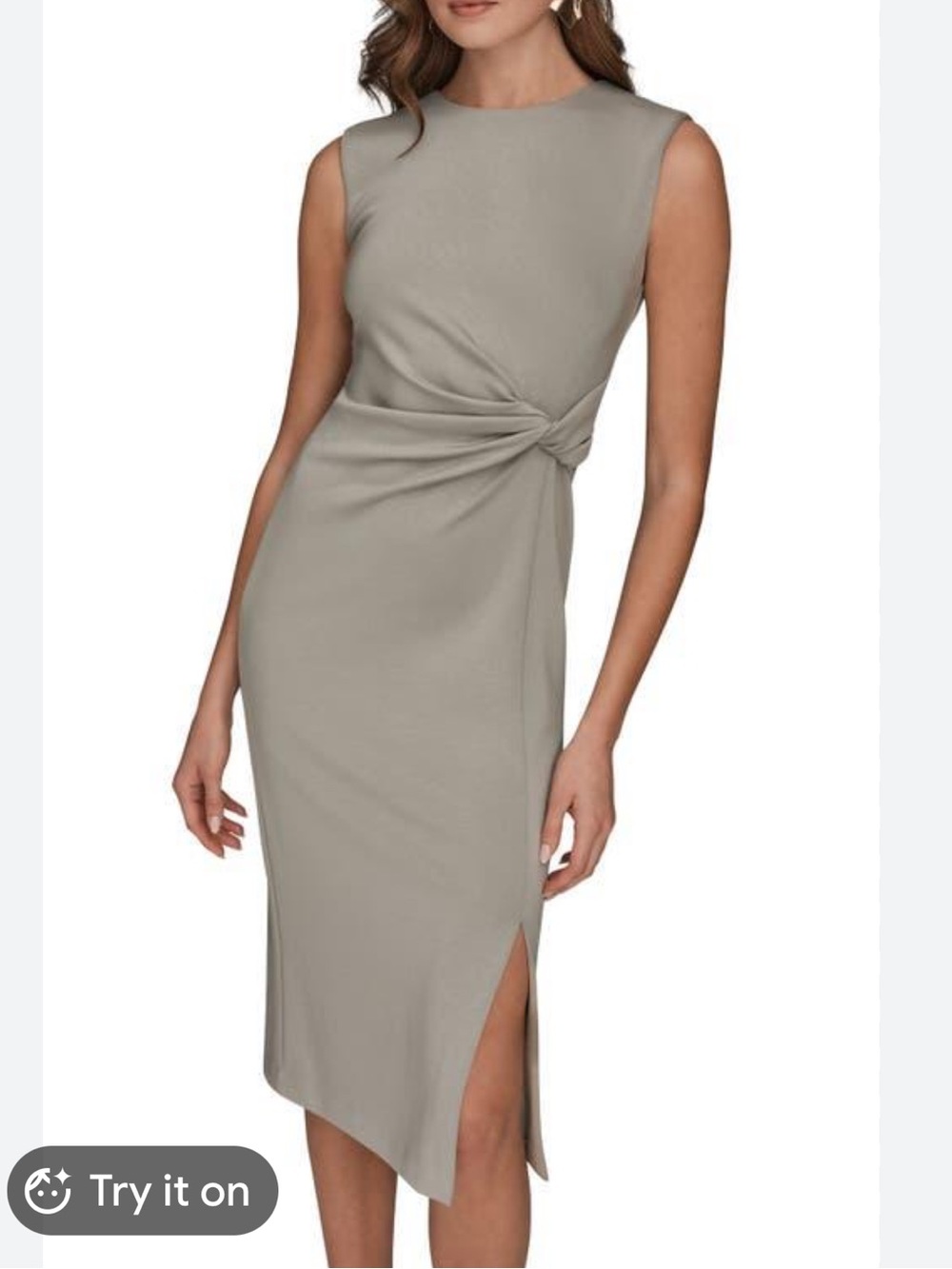 NWT DONNA KARAN s8 Elegant Sleeveless Knot-Detail Midi Dress-Lt Gray-MSRP $148